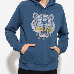 Kenzo Paris Embroidered Tiger Hoodie Pullover Sweater in Blue - Small
